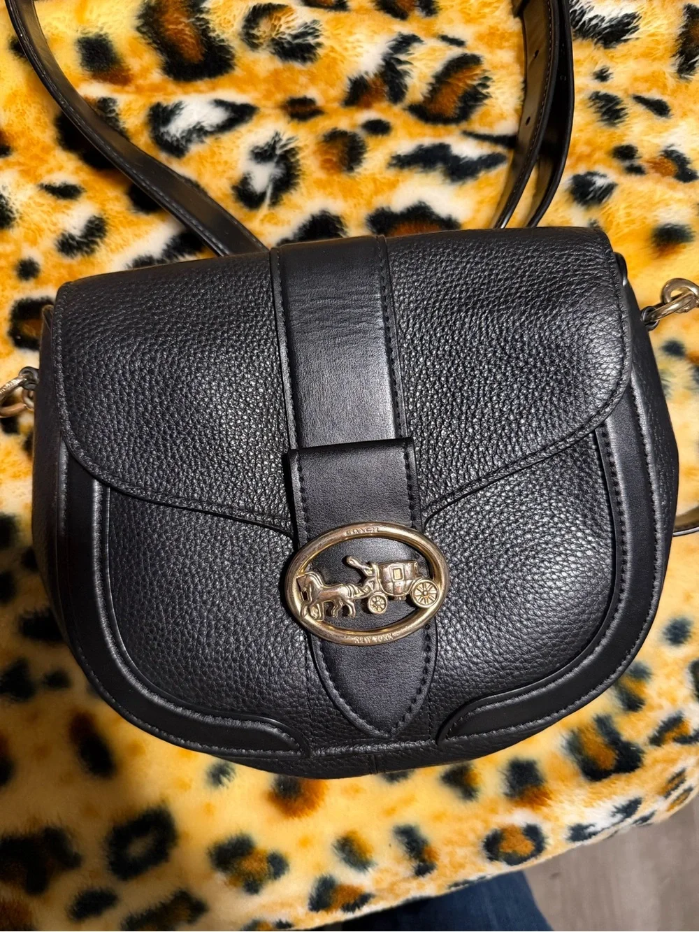 Coach Black Pebbled Leather Crossbody with Gold Horse & Carriage Turnlock
